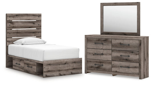 Graystorm Twin Panel Bed with Storage with Mirrored Dresser