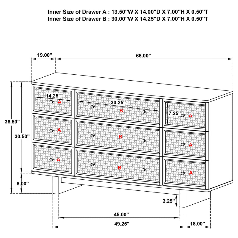 Kailani 9-drawer Dresser Cabinet Beige Oak