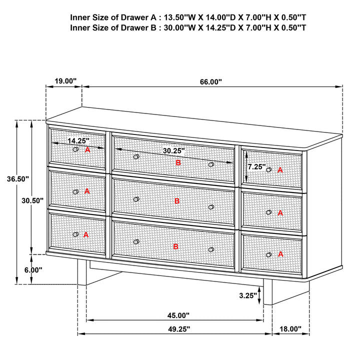Kailani 9-drawer Dresser Cabinet Beige Oak