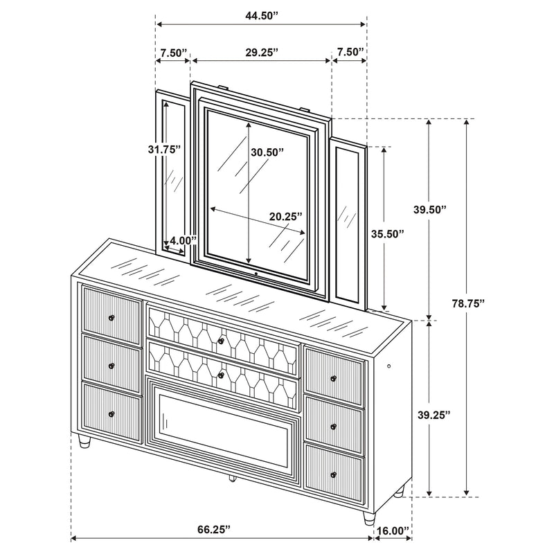 Lorient 8-drawer LED Flame Box Dresser and Mirror Ivory Camel
