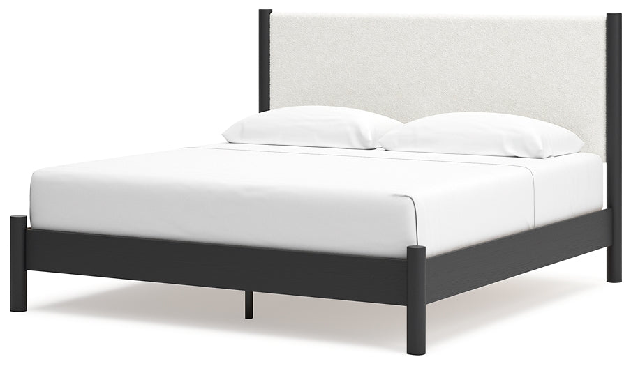 Cadmori King Upholstered Panel Bed, Dresser, Mirror and Nightstand