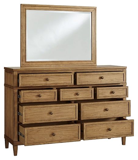 Sharlance California King Upholstered Panel Bed, Dresser and Mirror
