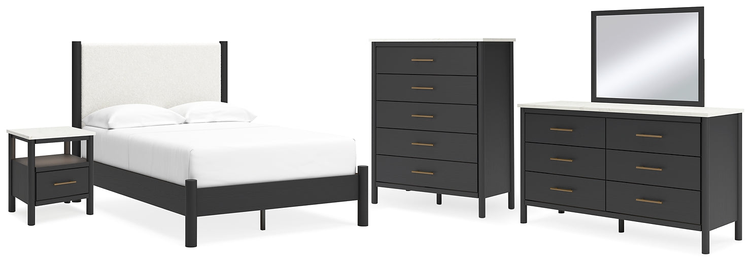 Cadmori Full Upholstered Panel Bed, Dresser, Mirror, Chest and Nightstand