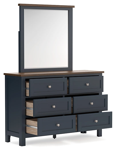 Landocken Twin Panel Headboard with Mirrored Dresser, Chest and Nightstand