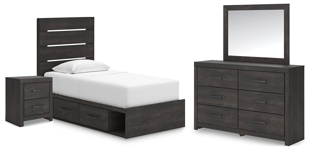 Hollivern Twin Panel Bed with Storage, Dresser, Mirror and Nightstand
