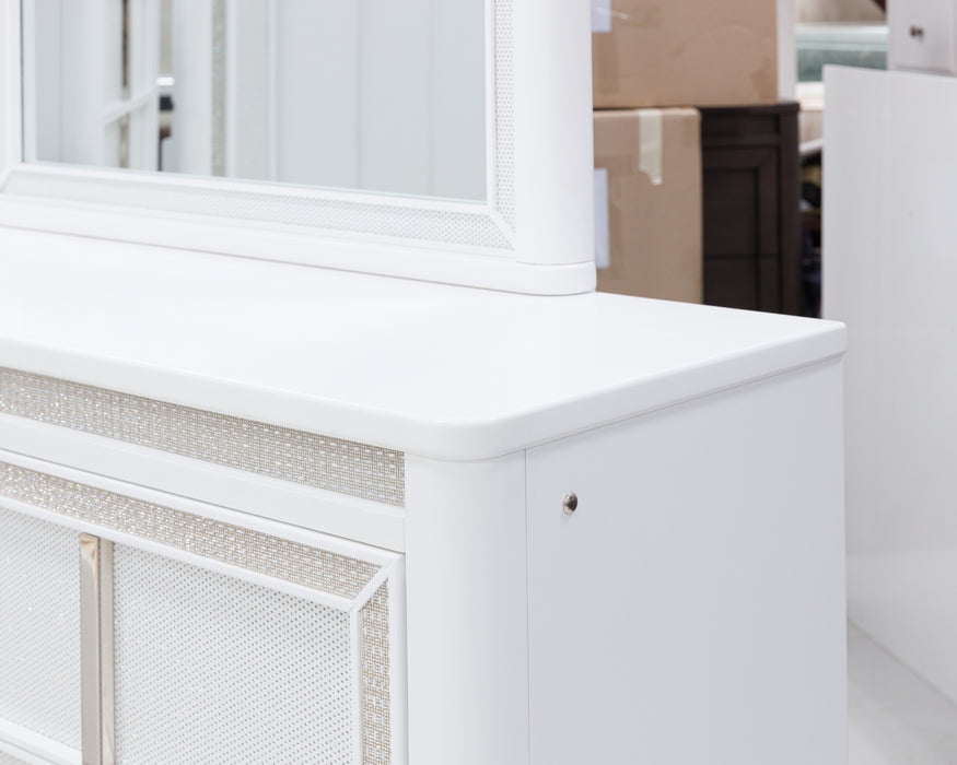 Chalanna King Upholstered Storage Bed, Dresser, Mirror and Nightstand