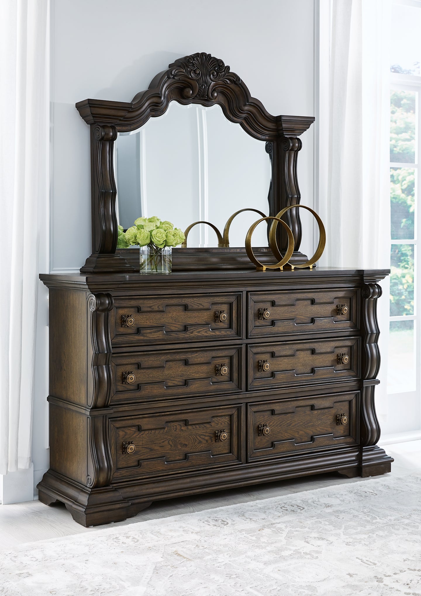 Maylee King Canopy Bed with Mirrored Dresser and Nightstand
