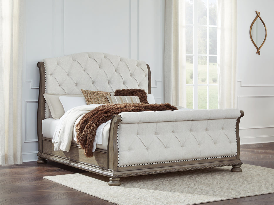 Ardenfield California King Upholstered Sleigh Bed, Dresser and Mirror