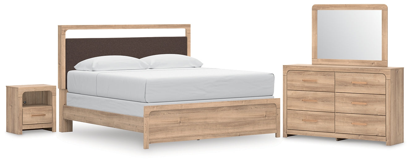 Kinlanni King Upholstered Panel Bed, Dresser, Mirror and Nightstand