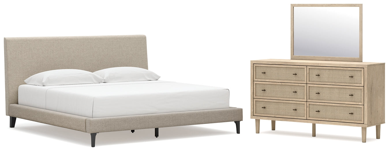 Cielden King Upholstered Bed with Roll Slats, Dresser and Mirror