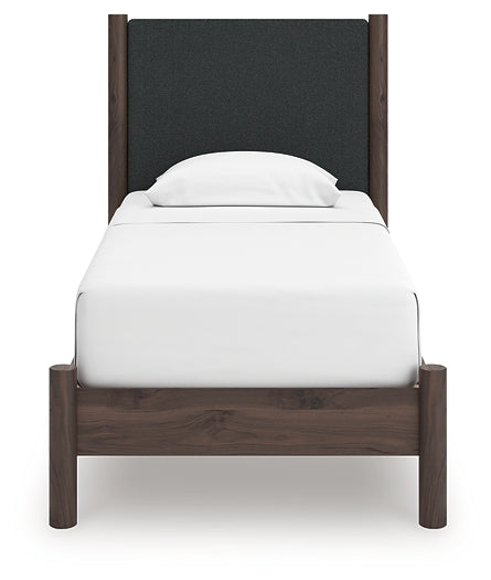 Pamytta Twin Upholstered Panel Platform Bed, Dresser, Mirror, Chest and Nightstand