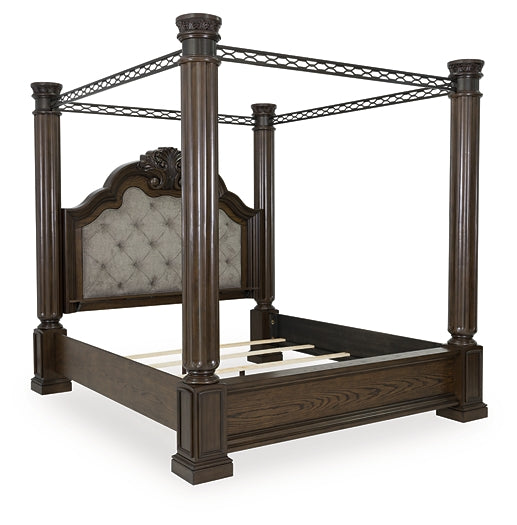 Maylee California King Canopy Bed, Dresser, Mirror and Nightstand