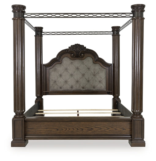 Maylee Queen Canopy Bed, Dresser, Mirror, Chest and Nightstand