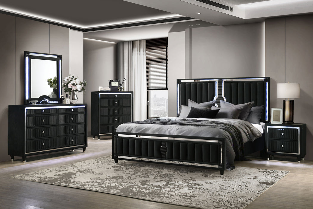 Ravenne Velvet Upholstered California King LED Panel Bed Black