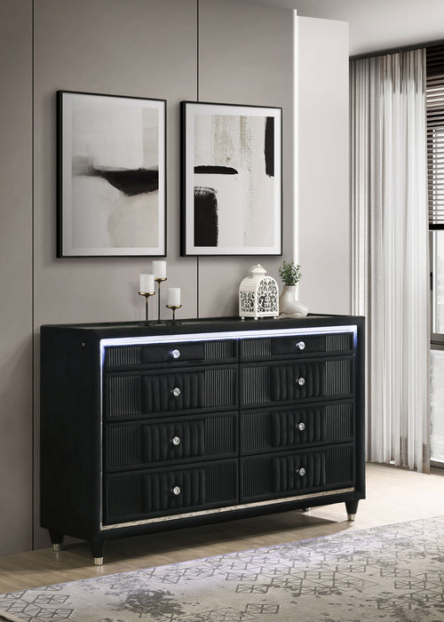 Ravenne 6-drawer Velvet Upholstered LED Dresser Cabinet Black