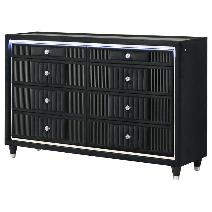 Ravenne 6-drawer Velvet Upholstered LED Dresser Cabinet Black