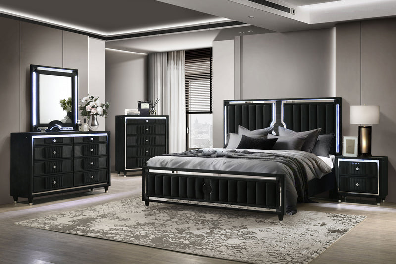 Ravenne 8-drawer Velvet Upholstered LED Dresser Cabinet Black
