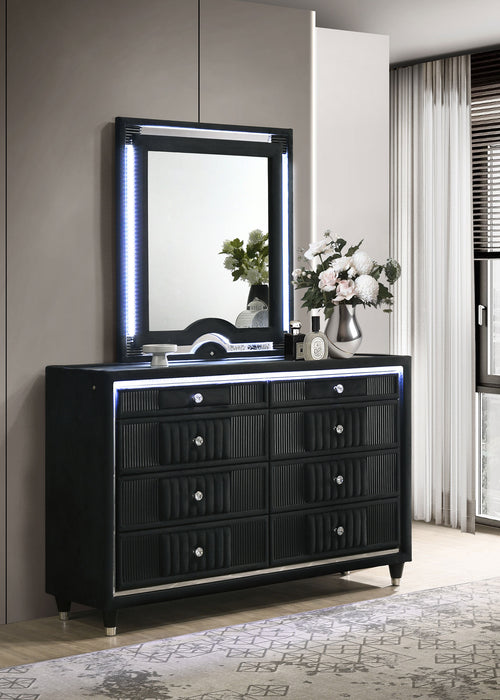 Ravenne 6-drawer Velvet Upholstered LED Dresser and Mirror Black