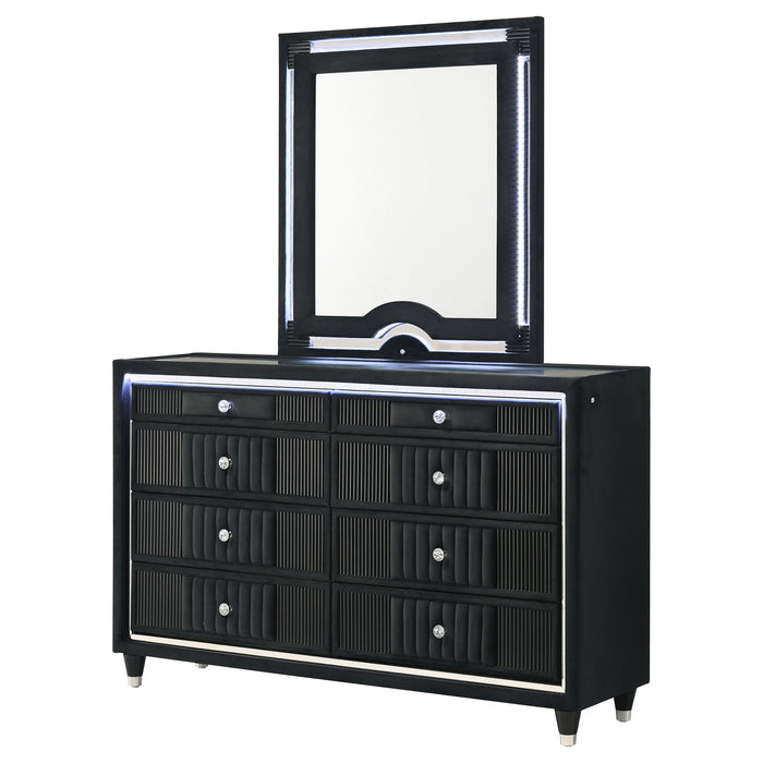 Ravenne 6-drawer Velvet Upholstered LED Dresser and Mirror Black