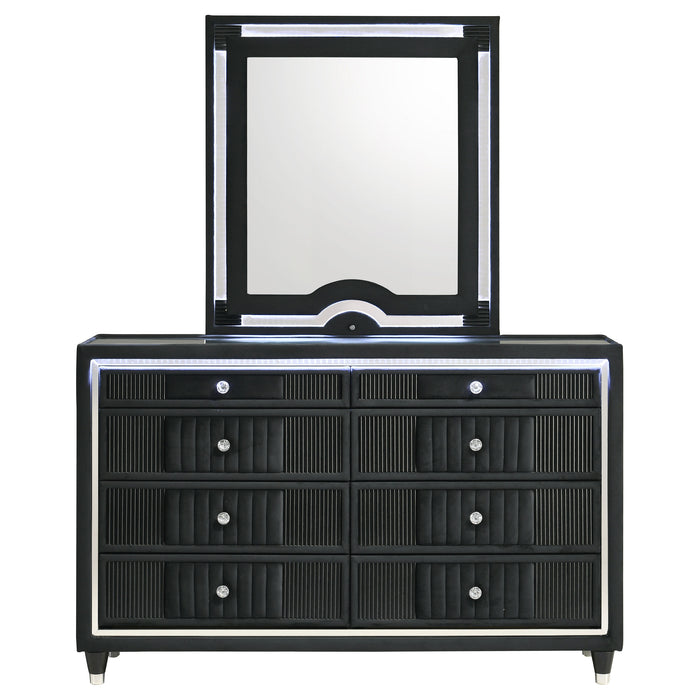 Ravenne 6-drawer Velvet Upholstered LED Dresser and Mirror Black