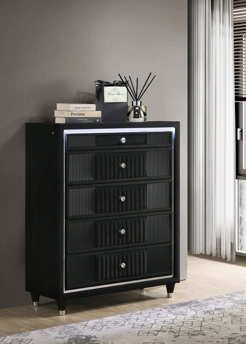 Ravenne 5-drawer Velvet Upholstered LED Chest of Drawers Black