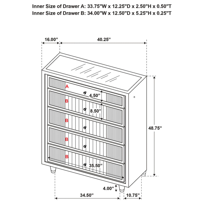 Ravenne 5-drawer Velvet Upholstered LED Chest of Drawers Black