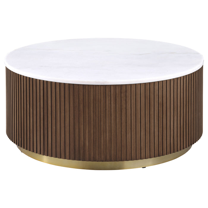 Jason Round White Marble Top Coffee Table Honey Brown