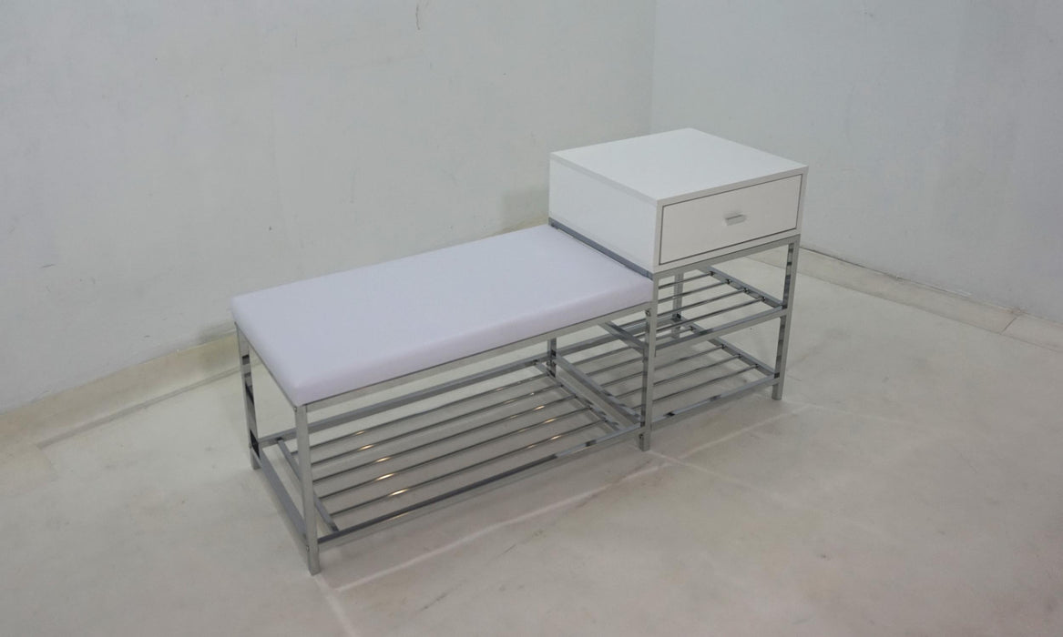 Siega 1-Drawer Shoe Storage Entryway Bench White High Gloss and Chrome
