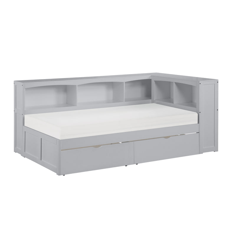 Orion - (4) Twin Bookcase Corner Platform Bed with Storage Boxes