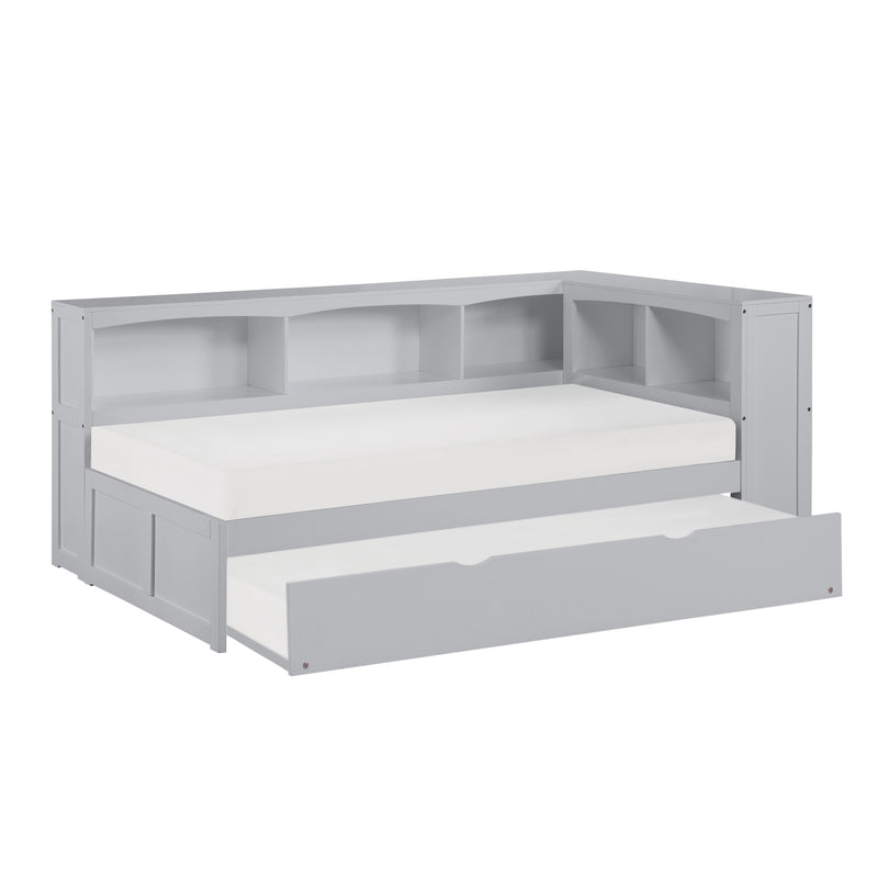 Orion - (4) Twin Bookcase Corner Platform Bed with Twin Trundle
