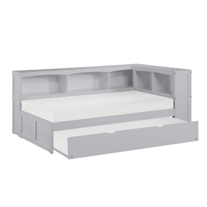 Orion - (4) Twin Bookcase Corner Platform Bed with Twin Trundle