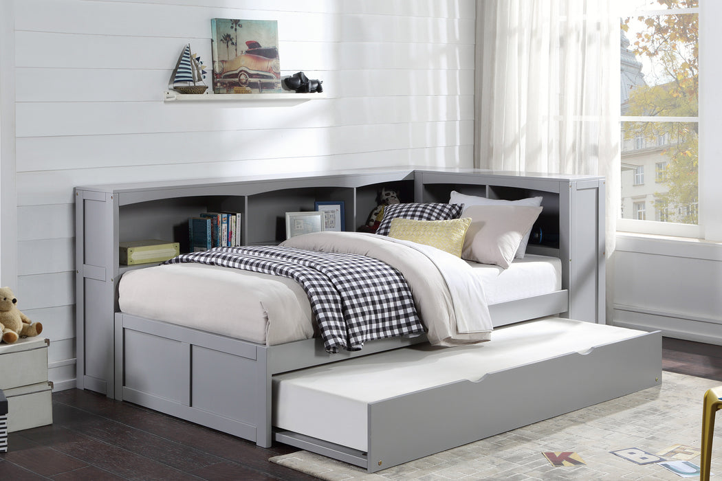 Orion - (4) Twin Bookcase Corner Platform Bed with Twin Trundle