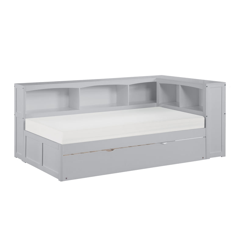 Orion - (4) Twin Bookcase Corner Platform Bed with Twin Trundle