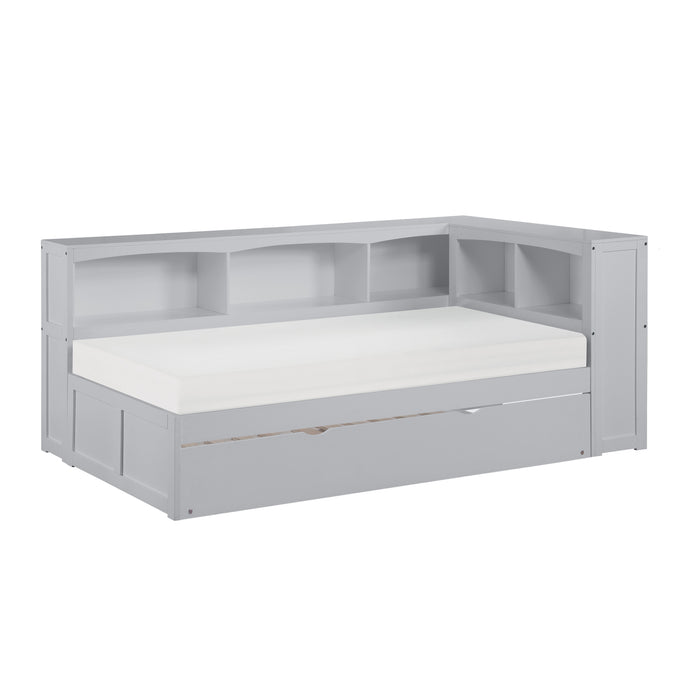 Orion - (4) Twin Bookcase Corner Platform Bed with Twin Trundle