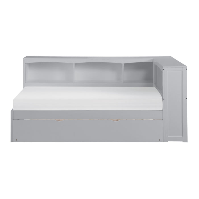 Orion - (4) Twin Bookcase Corner Platform Bed with Twin Trundle