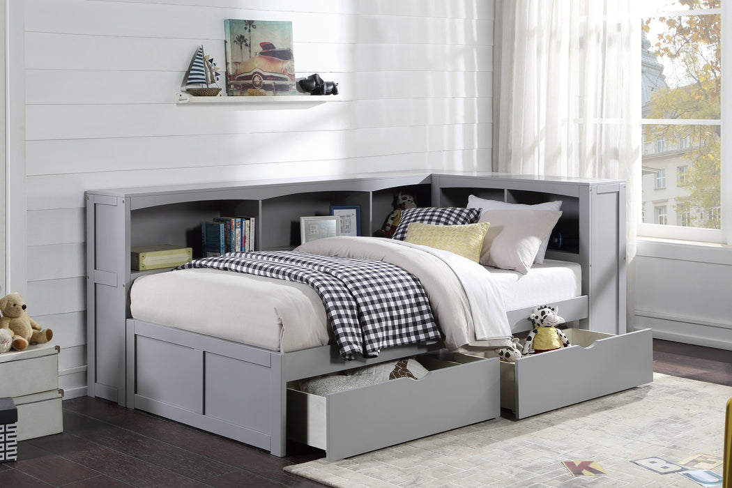 Orion - (4) Twin Bookcase Corner Platform Bed with Storage Boxes