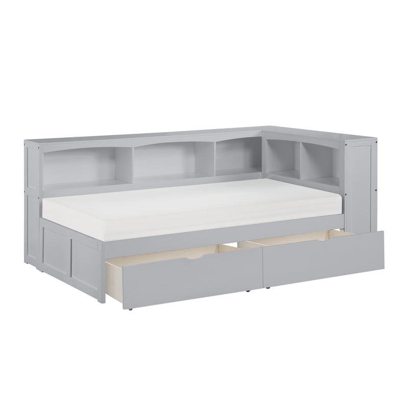 Orion - (4) Twin Bookcase Corner Platform Bed with Storage Boxes