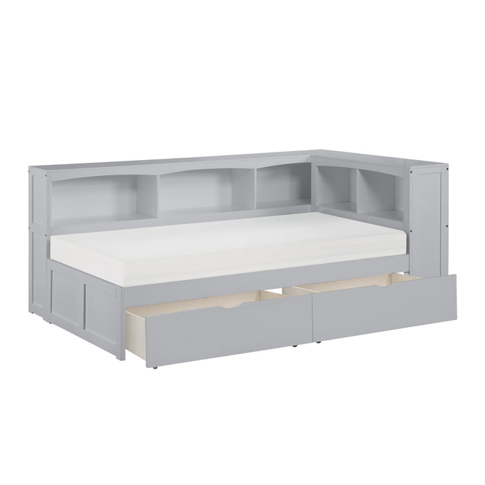 Orion - (4) Twin Bookcase Corner Platform Bed with Storage Boxes