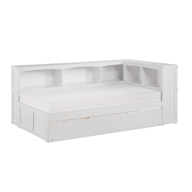 Galen - (4) Twin Bookcase Corner Platform Bed with Twin Trundle