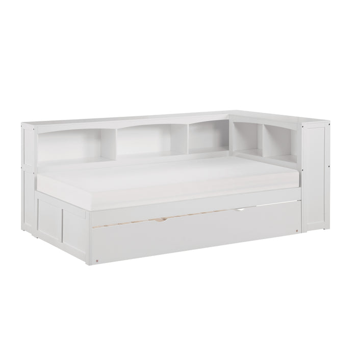 Galen - (4) Twin Bookcase Corner Platform Bed with Twin Trundle