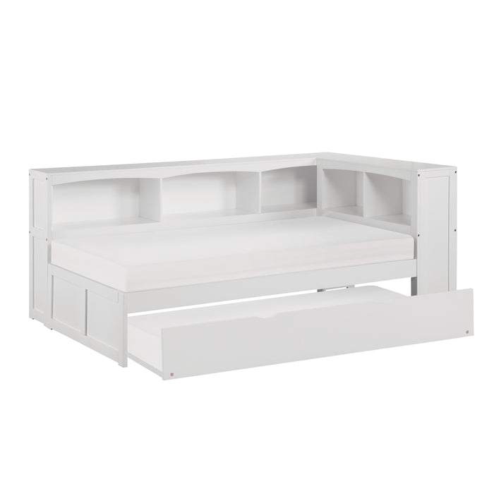 Galen - (4) Twin Bookcase Corner Platform Bed with Twin Trundle