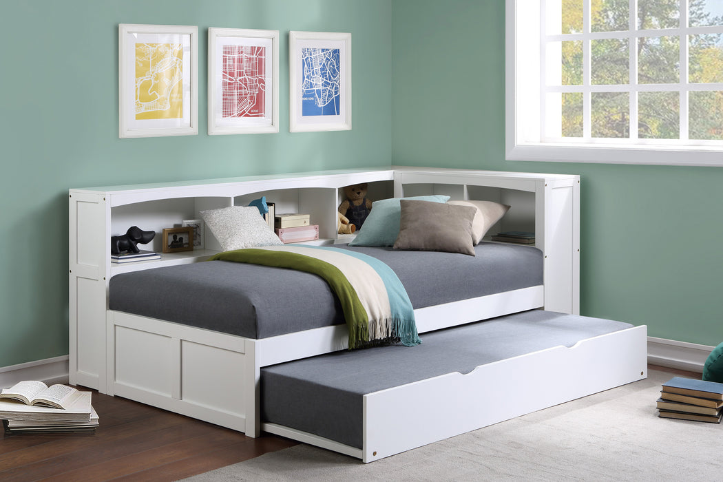 Galen - (4) Twin Bookcase Corner Platform Bed with Twin Trundle