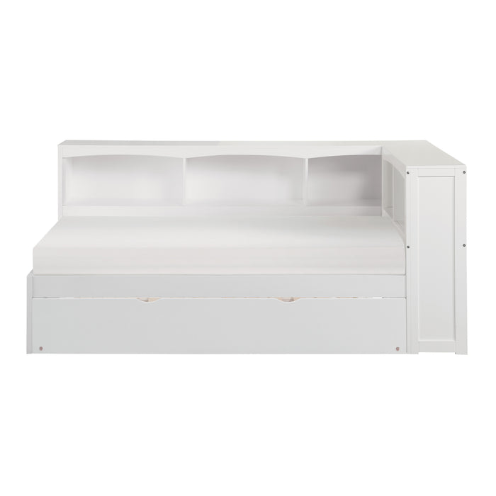 Galen - (4) Twin Bookcase Corner Platform Bed with Twin Trundle