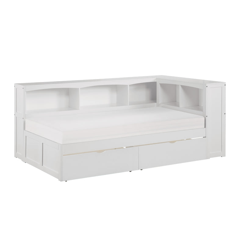 Galen - (4) Twin Bookcase Corner Platform Bed with Storage Boxes
