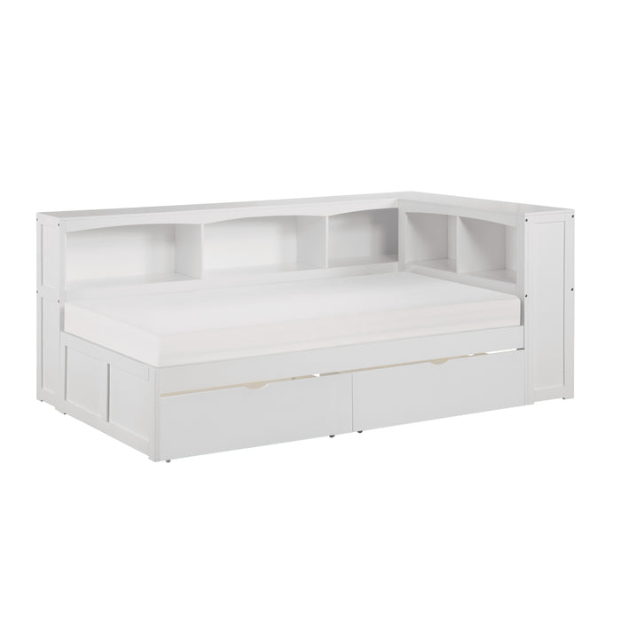 Galen - (4) Twin Bookcase Corner Platform Bed with Storage Boxes