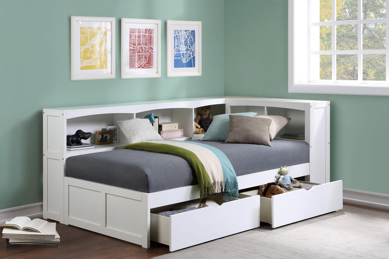 Galen - (4) Twin Bookcase Corner Platform Bed with Storage Boxes
