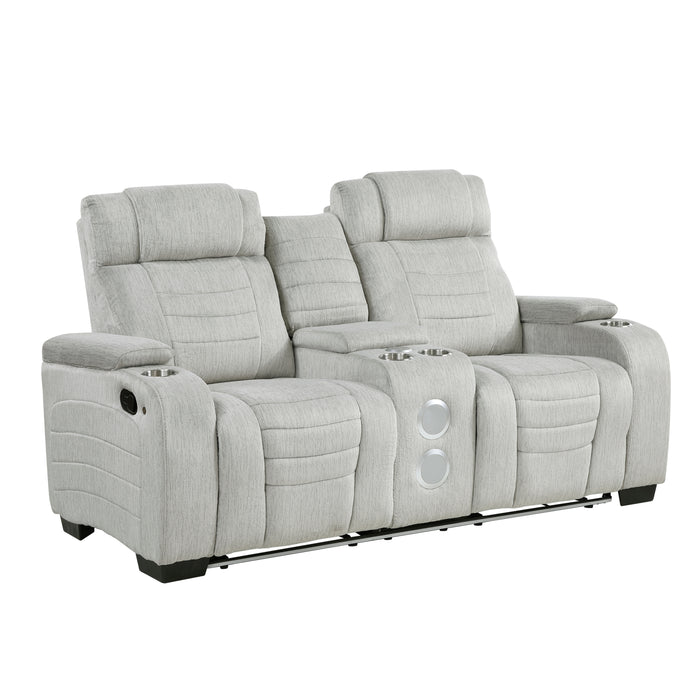 Ronan - Double Reclining Love Seat with Center Console, Wireless Speakers, Storage Arms, Cup holders and LED