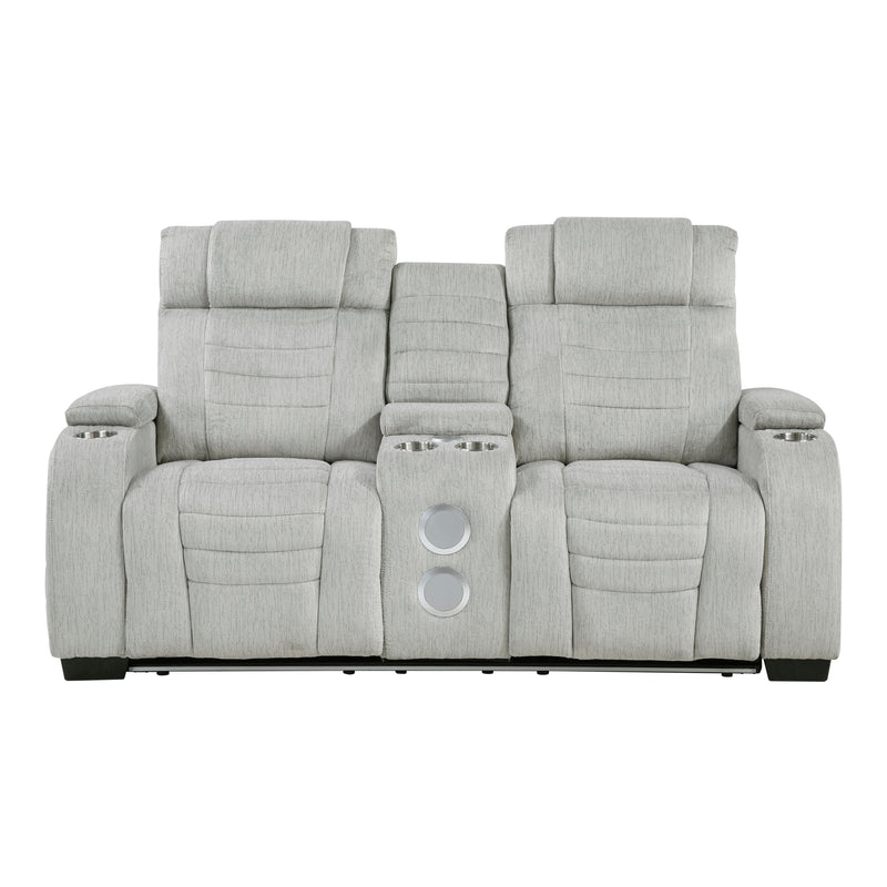 Ronan - Double Reclining Love Seat with Center Console, Wireless Speakers, Storage Arms, Cup holders and LED
