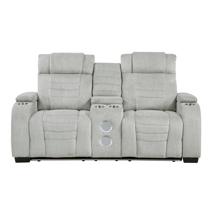 Ronan - Double Reclining Love Seat with Center Console, Wireless Speakers, Storage Arms, Cup holders and LED