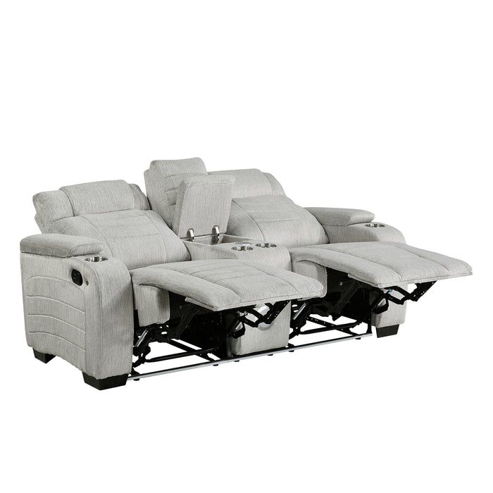Ronan - Double Reclining Love Seat with Center Console, Wireless Speakers, Storage Arms, Cup holders and LED